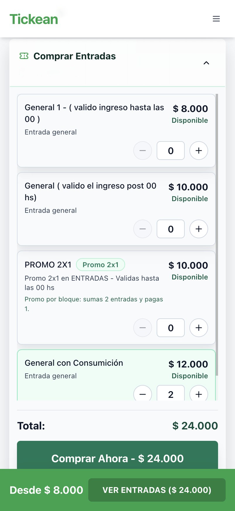 Ticketkeuze en checkout op een telefoon